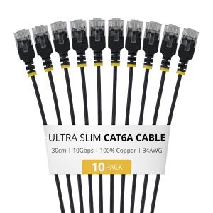Ultra Slim CAT6a Ethernet Cable 30cm Black 10 Pack