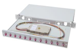 Fiber Optic Sliding Splice Box, 1U, Equipped 12x LC duplex, incl. M 25 Screw, Splice Cassette Color Pigtails OM4, Adapter