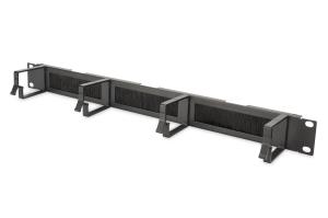 1U cable management panel with brush entries 4x aluminum cable rings 44x60 mm, color black (RAL 9005)