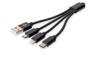 USB charger cable USB A - Lightning+micro B+Type-C M/M/M/M 15cm 3 in 1 cable, cotton, CE, black
