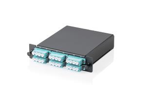 MPO/MTP cassette - 3 cassettes panel, OM3 6xLC Quad couplers, Fanout, fully loaded, aquapter