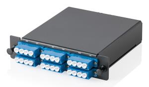 MPO/MTP cassette - 3 cassettes panel, OS2 6xLC Quad couplers, Fanout, MPO Adapter